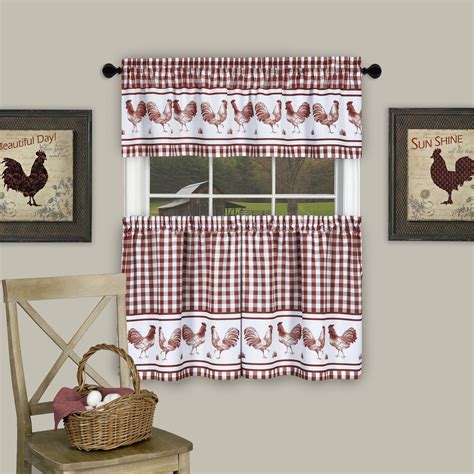 Country Home Plaid Rooster Kitchen Curtain Tier & Valance Set (36 in. L) - Burgundy - Walmart.com