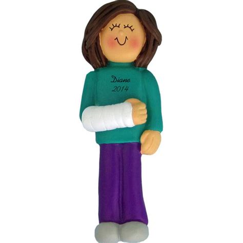 Arm in Cast for Brunette Female Personalized Christmas Ornament