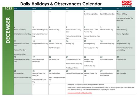 December 2022 Printable Daily Holidays Calendar - S&S Blog