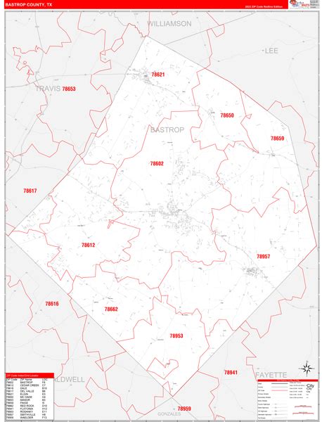 Bastrop County, TX Zip Code Wall Map Red Line Style by MarketMAPS ...