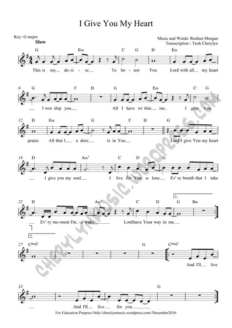 Lead sheet: I Give You My Heart - Cherthemusic