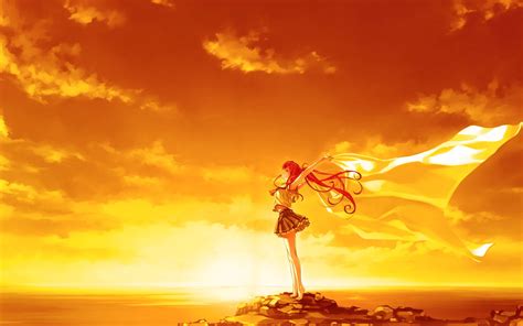 Wallpaper Red hair anime girl, pose, sunset, wind, clouds, sea ...