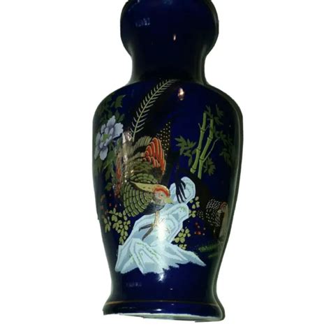VINTAGE ASIAN PORCELAIN Cobalt Blue Floral Pheasant Gold Trim Vase Made in Japan $22.90 - PicClick