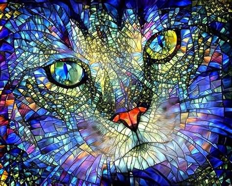 Colorful Cat Art Stained Glass Art Cat Print Cat Wall Art | Etsy