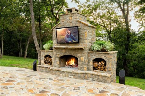 Outdoor Audio Backyard fireplace, Diy outdoor fireplace, Outdoor