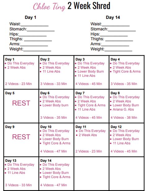 Chloe Ting 2 Week Shred Schedule | Workout sheets, Shred workout, Free workout programs