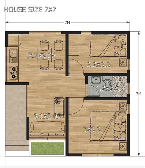 House Design Plans 7x7 with 2 Bedrooms Full Plans - SamHousePlans