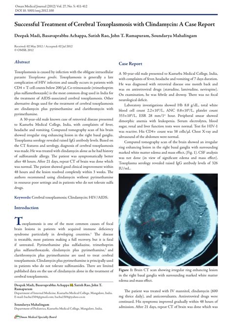 (PDF) Successful Treatment of Cerebral Toxoplasmosis with Clindamycin: A Case Report