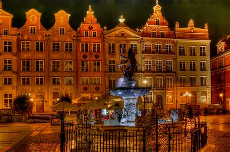 poland, Houses, Fountains, Gdansk, Night, Cities, Buildings, Fountains ...