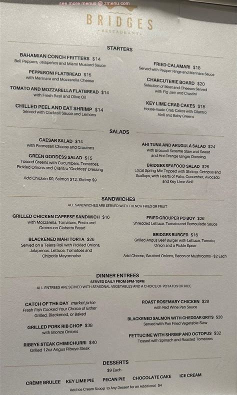 Menu at Bridges Restaurant, Sarasota