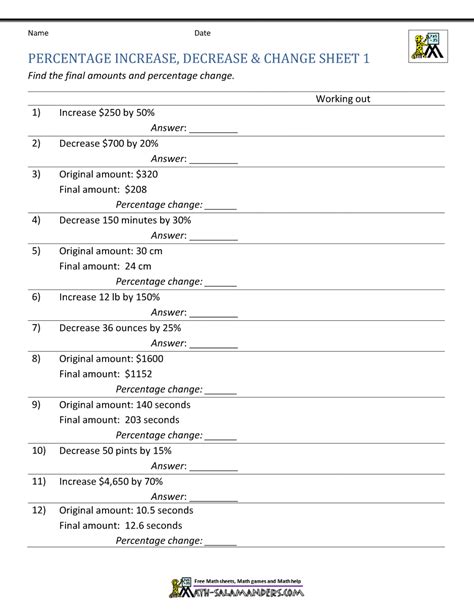 Percentage Increase and Decrease Worksheets