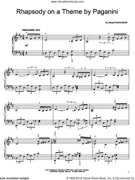 Rachmaninoff - Rhapsody On A Theme Of Paganini, Variation XVIII, (easy) sheet music for piano ...