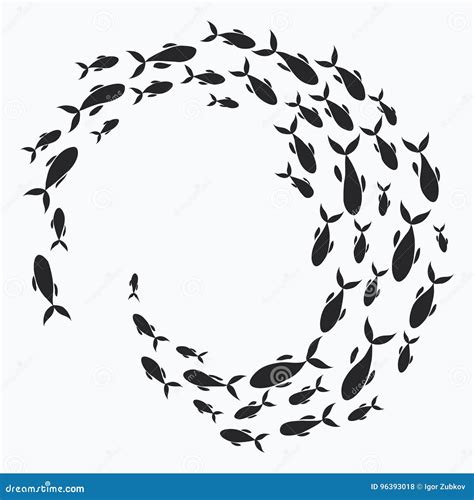 School Of Fish. A Group Of Silhouette Fish Swim In A Circle. Marine ...