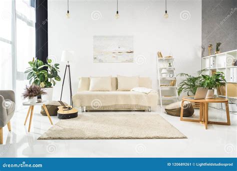 Minimalistic Living Room Interior with White Furniture and Plants, Lit ...