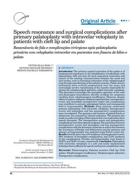 (PDF) Speech resonance and surgical complications after primary palatoplasty with intravelar ...