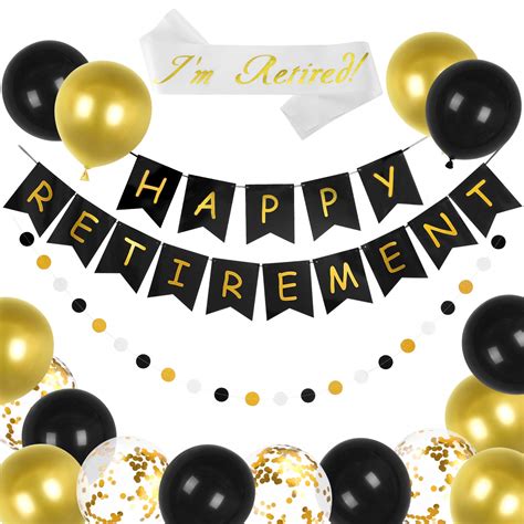 Buy Happy Retirement Banner Gold Black Balloons with Sash GAGAKU ...