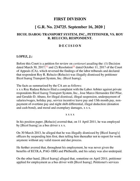 Bicol Isarog Transport System, Inc. vs. Roy R. Relucio, G.R. No. 234725, September 16, 202 - Studocu