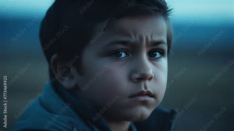 Portrait mongoloid little kid crying and tears. Asian boy have sad emotion and facial ...