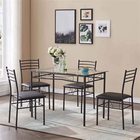 VECELO 5 Piece Dining Table Set Glass Top Rectangle Dine table And 4 Chairs Metal Kitchen ...
