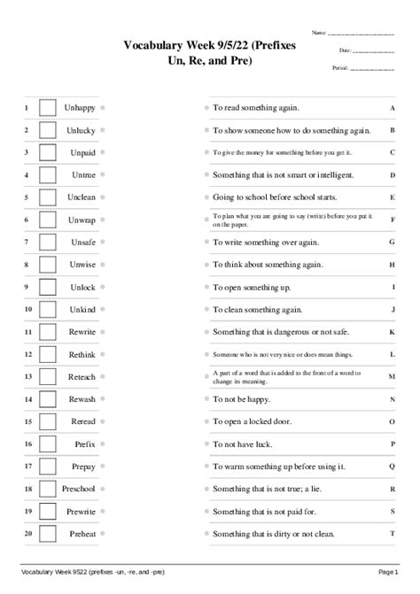 Vocabulary Week 9/5/22 (Prefixes Un, Re, and Pre) - Matching Pairs ...