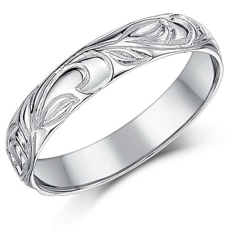 4mm 9ct White Gold Swirl Patterned Wedding Ring Band - White Gold at Elma UK Jewellery