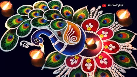 Diwali special beautiful peacock rangoli. Creative rangoli. - YouTube