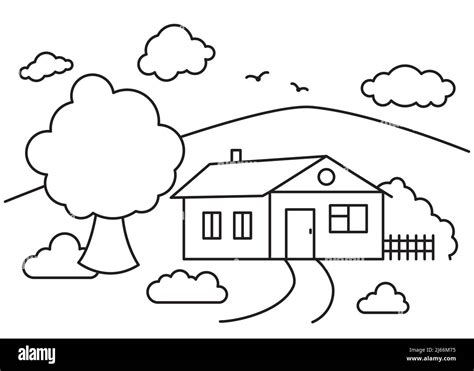 Line art landscape, village house, trees, plants, clouds and birds ...