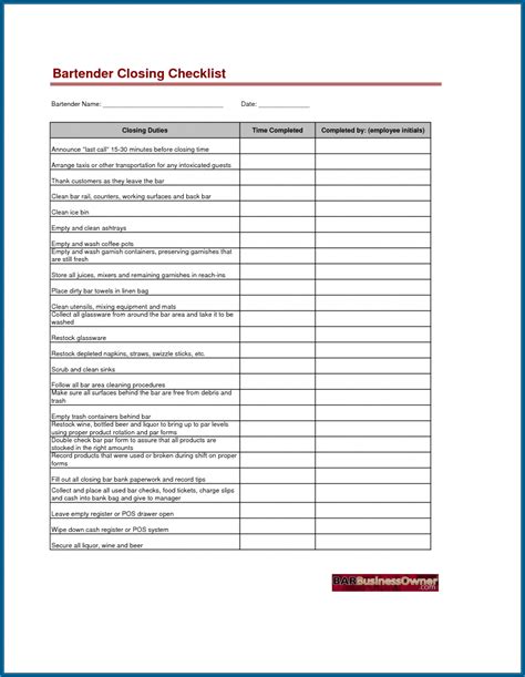 √ Free Printable Restaurant Closing Checklist Template | Checklist Templates