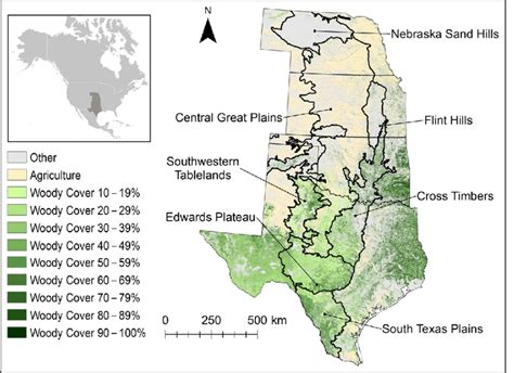 Major ecoregions and extent of woody plant cover over the Great Plains... | Download Scientific ...