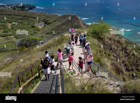 Hikers on Diamond Head Crater Trail in Honolulu, Hawaii Stock Photo ...