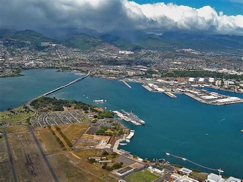 Aerial view of Pearl Harbor, Arizona Memorial, U.S.S. Missouri. Ford Island (lower left" is ...