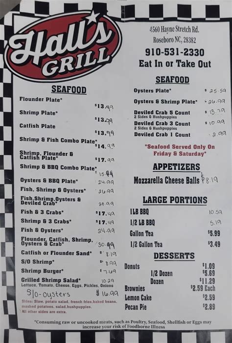 Menu at Hall's Grill restaurant, Roseboro