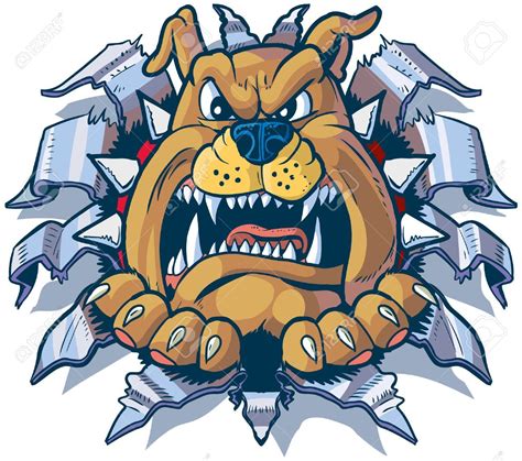 Vector cartoon clip art illustration of an angry bulldog with a spiked collar ripping, punching ...