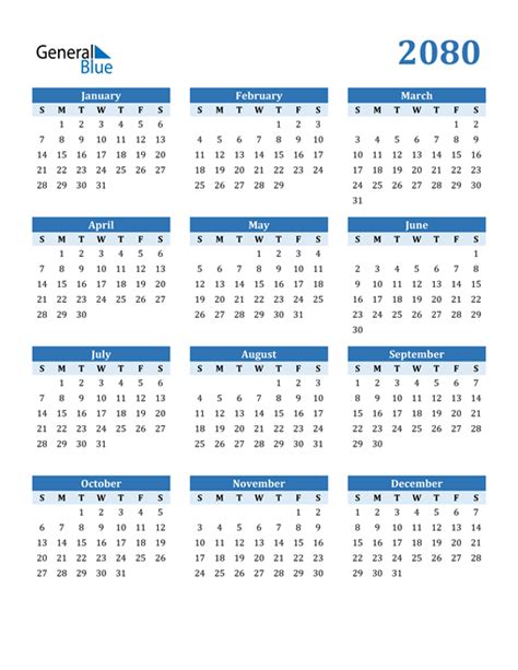 2080 Calendar (PDF, Word, Excel)