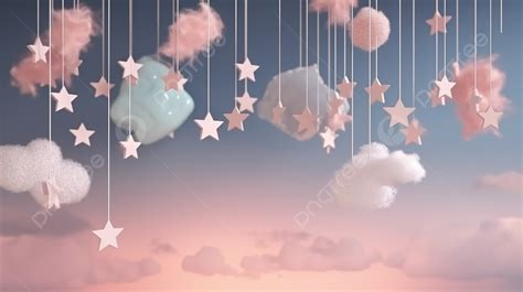 Wallpaper Featuring Hanging Stars And Soft Dreamy Pastel Clouds Rendered In 3d Background, Sweet ...