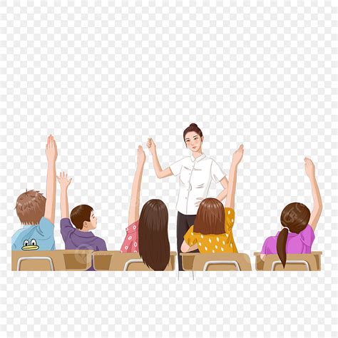 Student Raising Hand White Transparent, Cartoon Female Teacher And ...