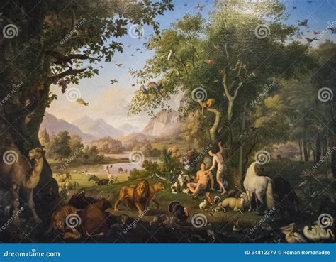 Original Painting Adam and Eve in the Garden of Eden Editorial Stock ...