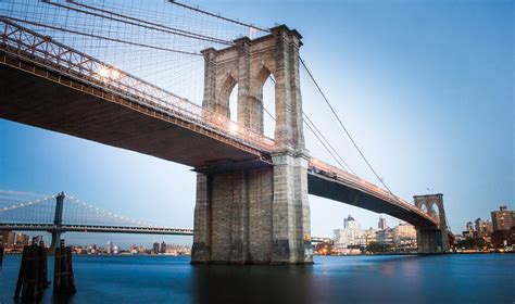 Free Photo: Brooklyn Bridge over East River at Sunset with Lights