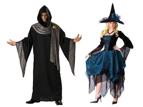 two people dressed in halloween costumes one is wearing a witch costume and the other has a ...