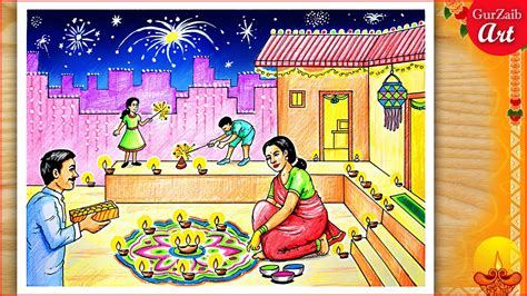 How to Draw Diwali scene Drawing / Indian festival poster / Deepawali painting / दिवाली का चित्र ...