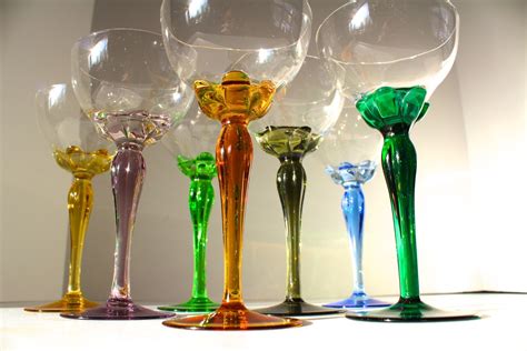 Vintage Colored Wine Glasses or Champagne Coupes. Set of 7.