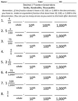 Converting Fractions in Decimals in Tenths, Hundredths, and Thousandths