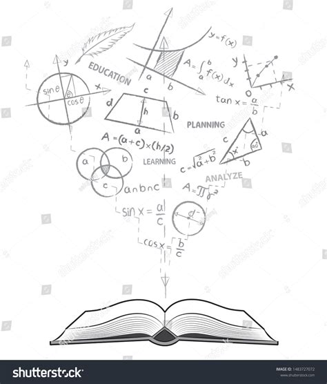 Open book and mathematical formulas. Theme of maths. Drawing on white background in doodle style ...