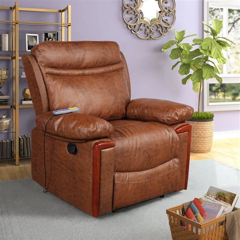 Merax PU Leather Power Massage Recliner with Remote Control, 8 Heat & Vibration Modes, Brown ...