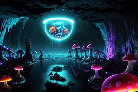 Premium AI Image | A dark cave with a blue and purple light and a mushroom on the bottom.