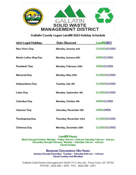 2023 Holiday Schedule - Gallatin Solid Waste Management District