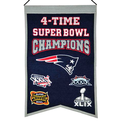 This 14" x 22" beautifully embroidered banner commemorates the New England Patriots 4 Super Bowl ...