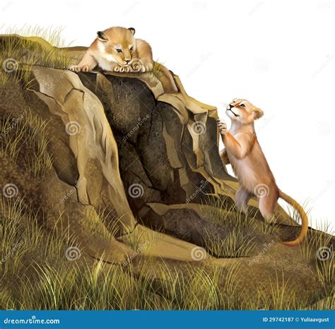 Lion Cubs Playing On The Rocks. Lion Cave. Stock Illustration - Illustration of playing ...