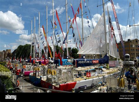 The Clipper race Yachts are lined up in St Katharine Docks after the Clipper Round the World ...