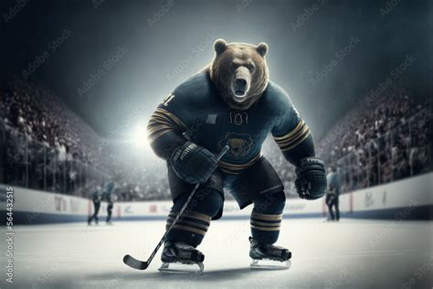 Hockey, big brown grizzly bear wearing a jersey and hockey equipment, a ...